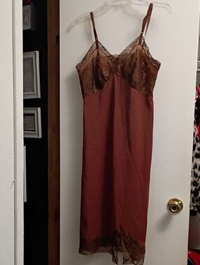Vintage Satin Lace-Trim Chemise Slip in Brown